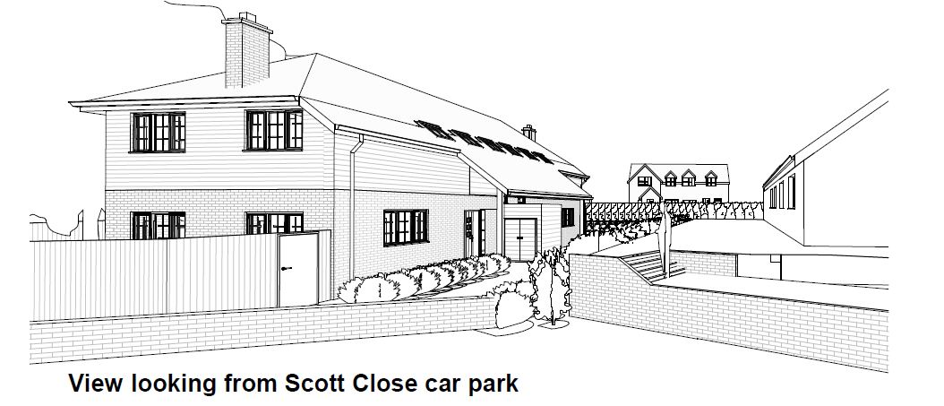 Lot: 92 - DEVELOPMENT SITE WITH CONSENT FOR A PAIR OF SEMI-DETACHED HOUSES - Proposed Elevation from Scott Close Car Park